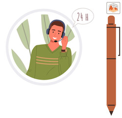 Customer service agent wearing a headset with speech bubble indicating 24-hour service availability next to a pen. Ideal for customer service, tech support, teamwork, accessibility, efficiency