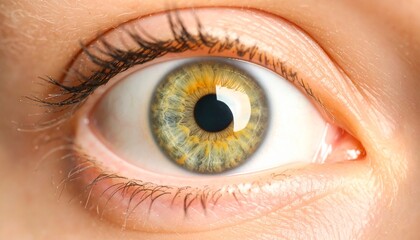 A close-up, detailed shot of a beautiful eye, showcasing the intricate patterns and colors of the iris, with a striking gaze. The eye is open, highlighting the eye lashes