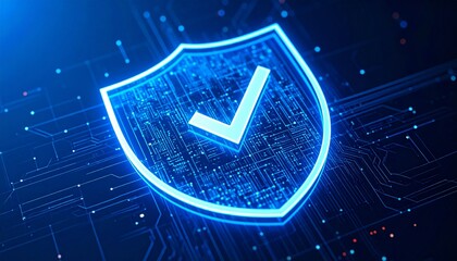A digital shield with a checkmark icon, representing security and protection. The shield is illuminated with a futuristic blue glow, symbolizing safety in the digital world