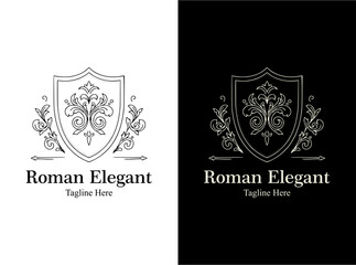 Vintage Classic Minimalist Floral Shield Roman and Greek Line Drawing Style Logo Design, Simple T-shirt and Streetwear