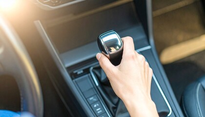 A hand shift car gear. The action captured showcases the interior of a vehicle with the hand operating the gear shift, ready for the drive