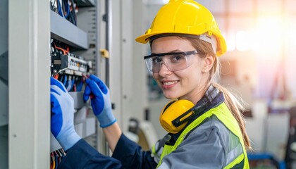 A skilled engineer inspects and adjusts an electrical panel with focus and precision. This professional is wearing all the necessary protective gear, which reflects workplace safety regulations