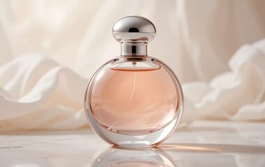 Round Perfume Bottle with Platinum Cap and Soft Pink-Gold Gradient Liquid