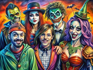 Colorful Halloween Costume Group Portrait Six Individuals in Vibrant Thematic Attire