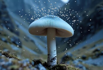 Magical Mushroom An ethereal scene of fungi and shimmering particles in a mystical landscape.
