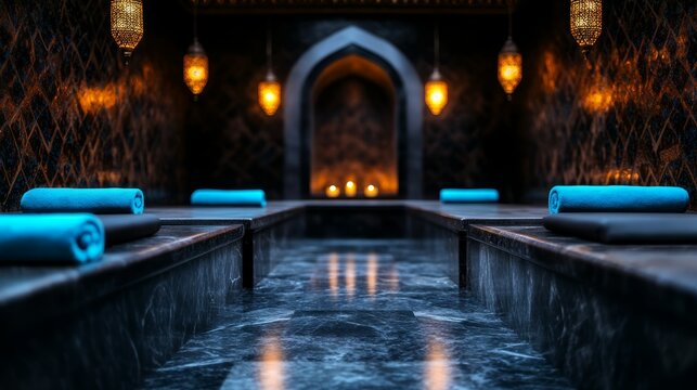 Relaxing spa area features elegant design with candles and rolled towels on dark marble