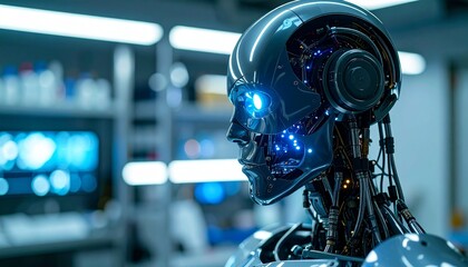 Fototapeta premium A sophisticated robot in a futuristic laboratory setting, focused on technological progress and innovation