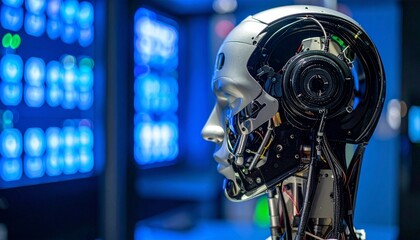 Fototapeta premium A close-up view of a sleek, metallic robot head, its gaze focused thoughtfully towards the futuristic screen in the background.