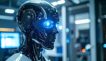 Fototapeta premium A futuristic android robot with glowing blue eyes, highlighting advanced technology and artificial intelligence