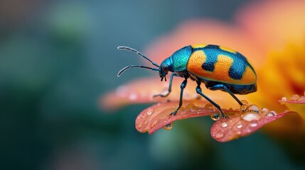 Colorful beetle on leaf with water droplets in soft-focus background