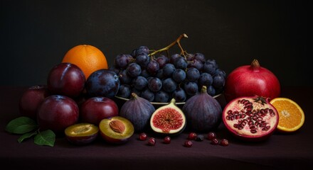 Dark Moody Still Life with Plums Grapes Figs and Pomegranate