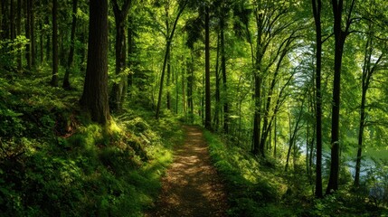 Serene Forest Path Surrounded by Lush Green Trees and Nature