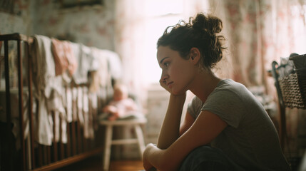 Exhausted mother sits beside crib, looking distressed and overwhelmed.