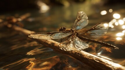 Naklejka premium Dragonfly resting on a branch over water nature close-up serenity