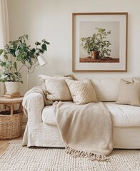 Cozy Living Room with Neutral Decor and Indoor Plant Arrangement