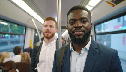 Two professional businesspeople commuting together on a train