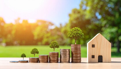 Financial growth and property investment concept, featuring stacks of coins with growing trees and a miniature house. The image conveys a sense of financial prosperity, investment and growth