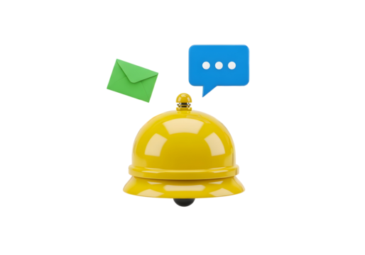 3d Render of a Yellow Bell with Green Envelope and Blue Speech Bubble