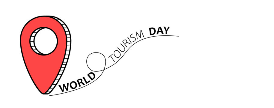 Minimalist vector illustration for World Tourism Day with red location pin and creative text design - Powered by Adobe