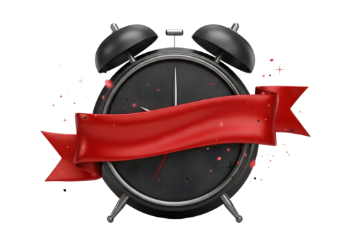 Black Alarm Clock with Red Ribbon, Celebrating Time and Deadlines