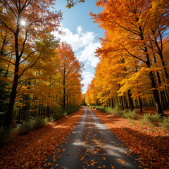 Fototapeta premium Beautiful scenic autumn forest landscape with a winding road covered in colorful fallen leaves.