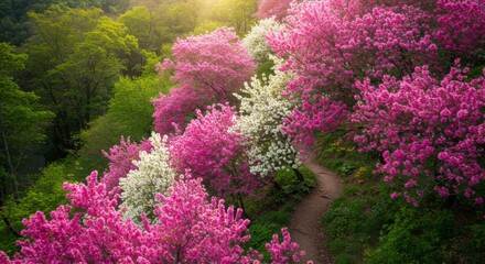 Pink and White Azalea Blossoms on a Hillside Trail