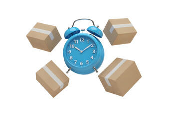 Blue Alarm Clock Surrounded by Boxes: Time and Delivery Concept