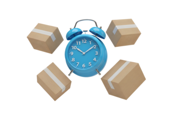 Blue Alarm Clock Surrounded by Boxes: Time and Delivery Concept