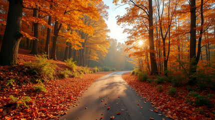 Obraz premium Beautiful scenic autumn forest landscape with a winding road covered in colorful fallen leaves.