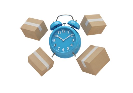 Blue Alarm Clock Surrounded by Boxes: Time and Delivery Concept