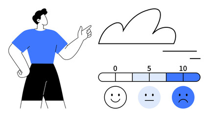 Man pointing at cloud and feedback rating scale with emotions including happy, neutral, and sad faces. Ideal for survey, feedback, customer satisfaction, rating systems, emotions, user experience