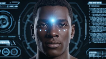 Futuristic portrait of a man with a glowing blue digital facial recognition grid on a high-tech interface background. - Powered by Adobe