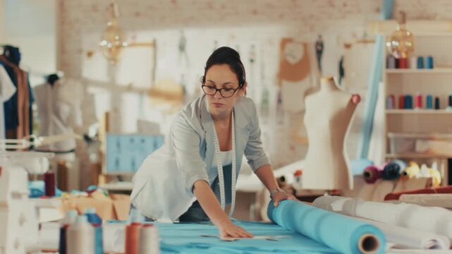 Beautiful Female Fashion Designer Adjusting Fabrics on a Tailored Mannequin. In Her Studio Various Sewing Items and Colorful Fabrics Laying around, Mannequins Standing, and Sketches Pinned.