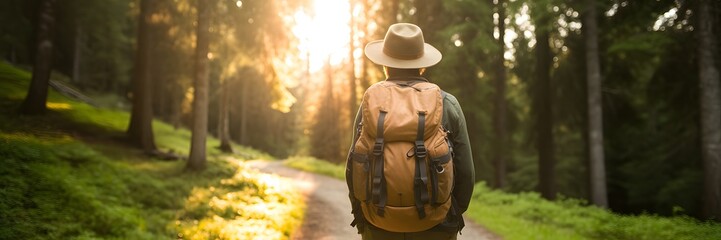 Forest Trail Adventurer: A lone hiker, bathed in warm sunlight, walks down a winding trail through a lush forest, the towering trees whispering tales of nature's grandeur.