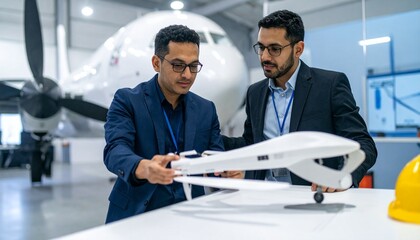 Two professionals examining a model aircraft in an airport hangar. They are engaged in technical discussions, with an airplane in the background