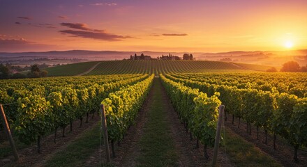 Naklejka premium Tuscan Vineyard at Sunrise: Golden Light on Rolling Hills and Grapevines