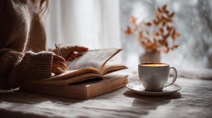 Cozy morning scene with coffee, a book, and a peaceful atmosphere.
