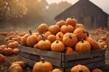 Abundant harvest of vibrant pumpkins fills rustic wooden crates on a misty autumn farm