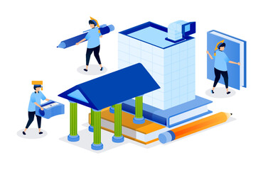 University buildings shown stacked on books to reflect schools education and knowledge. Can be used for book cover, banner, website, web, educational brochure and scholarship ads