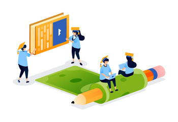 Scholarship metaphor shown with people rolling money and pencils for education growth. Can be used for book cover, banner, website, web, educational brochure and scholarship ads