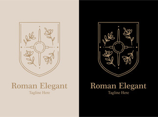Vintage Classic Minimalist Floral Shield Roman and Greek Line Drawing Style Logo Design, Simple T-shirt and Streetwear