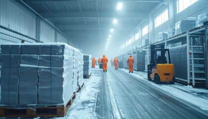 Frozen storage warehouse featuring a group of workers in orange protective gear with stacked boxes and forklift in a snow environment