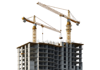 Construction Cranes Lifting a Load on a High-rise Building Site