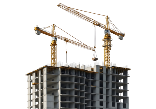 Construction Cranes Lifting a Load on a High-rise Building Site