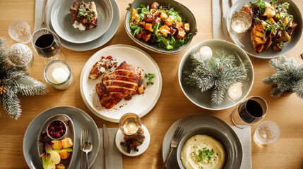 Cozy holiday dinner table setting with a delicious festive meal.