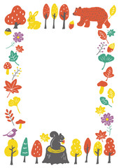 Hand-drawn Autumn Forest Illustration Frame (Vertical) / 手描き・秋の森イラストフレーム（縦型）