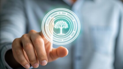 Obraz premium A person interacts with a digital tree symbol, representing technology and nature integration.