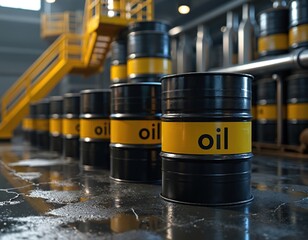 Stack of black oil barrels with yellow stripes line industrial facility floor. Crude petroleum storage drums signify energy sector, fossil fuels, and global economy impacts.