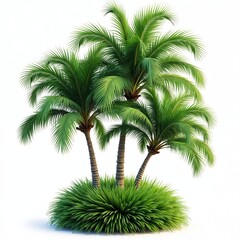 Three green palm trees stand tall on white background, vibrant leaves, textured trunks. Dense clump of green grass grounds tropical plants, creating clean, isolated composition ideal for summer,