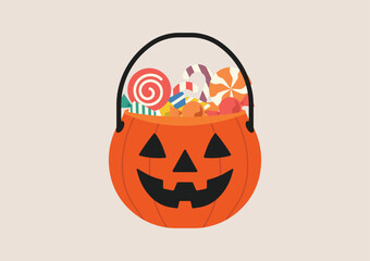 Orange pumpkin bucket filled with assorted candies and lollipops, jack o lantern face with black handle, symbol of trick or treat on Halloween celebration. Flat vector illustration
